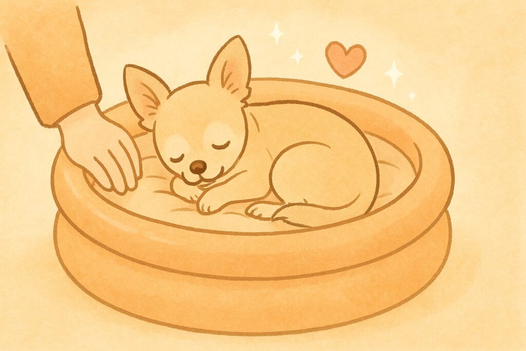 徘徊プールの中で穏やかに眠る老犬と、優しく見守る飼い主の手を描いた、老犬徘徊プールまとめ用イラスト