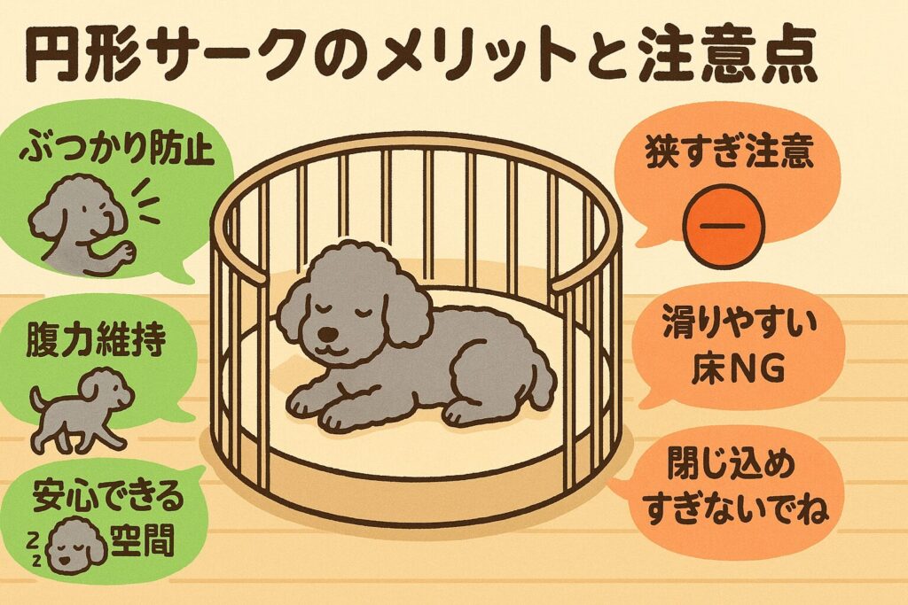 「円形サークルの中でくつろぐ老犬と、その周りにメリットと注意点を示した吹き出しイラスト」