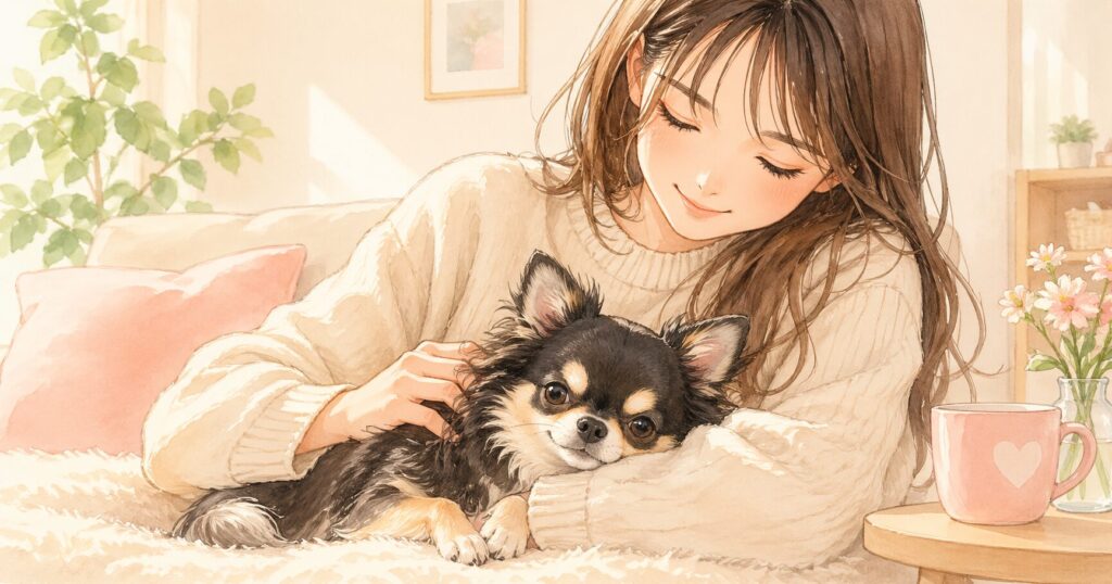 室内で飼い主に寄り添うチワワ 現代の家庭犬のイメージ