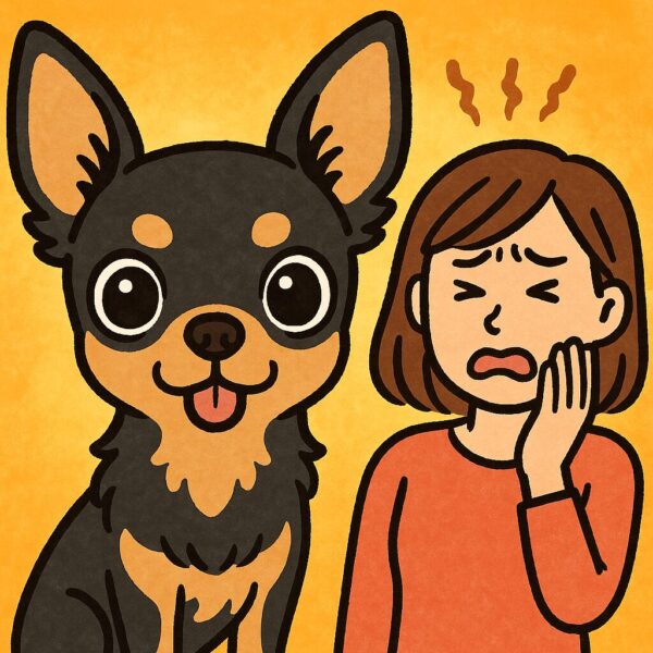 優しい色合いのイラストで大きな瞳のチワワと、白ポメ・黒ポメ・アプリコットプードル・シルバートイプードルが周りで応援している様子。