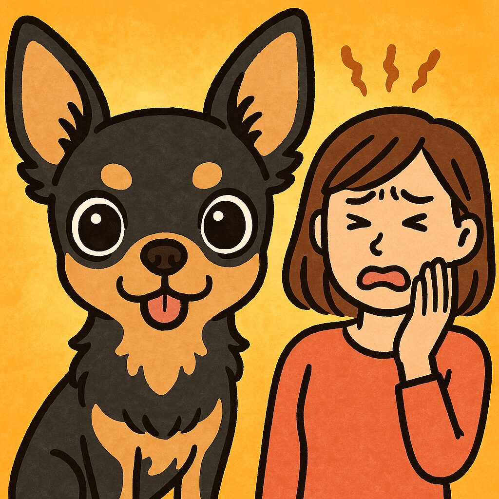 優しい色合いのイラストで大きな瞳のチワワと、白ポメ・黒ポメ・アプリコットプードル・シルバートイプードルが周りで応援している様子。