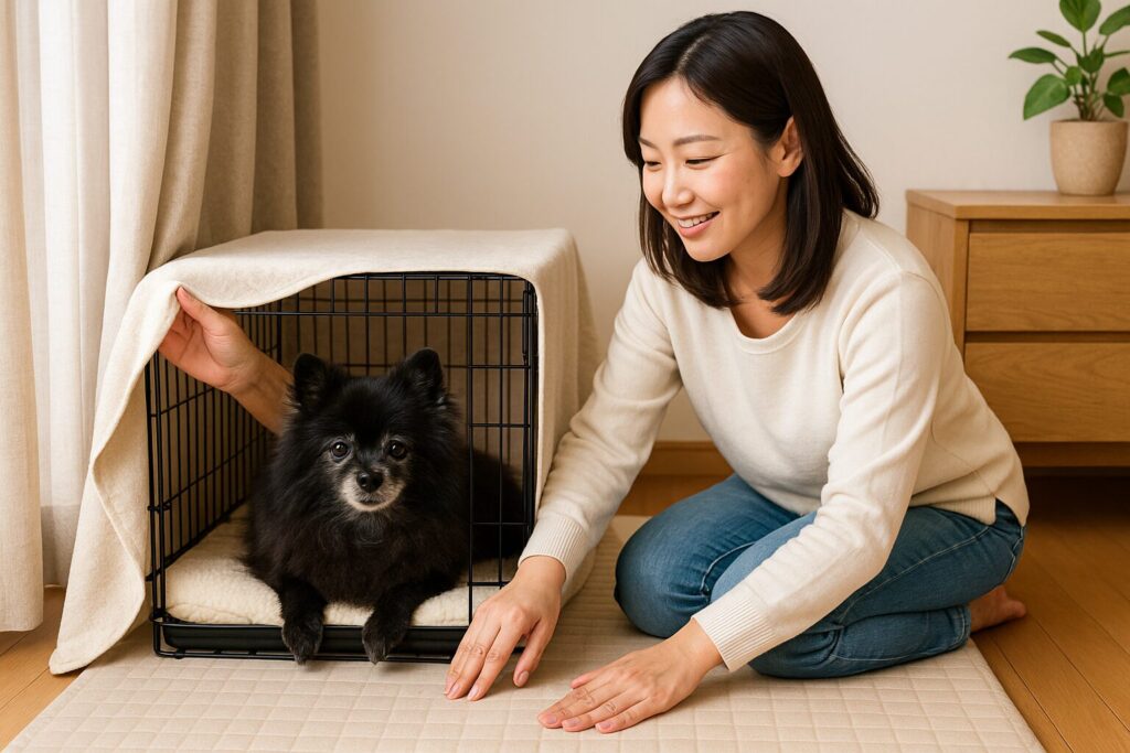 リビングの一角で、防音カーテンとマットに囲まれたケージにいる黒いシニアポメラニアンと、日本人女性が優しく微笑んでいる様子