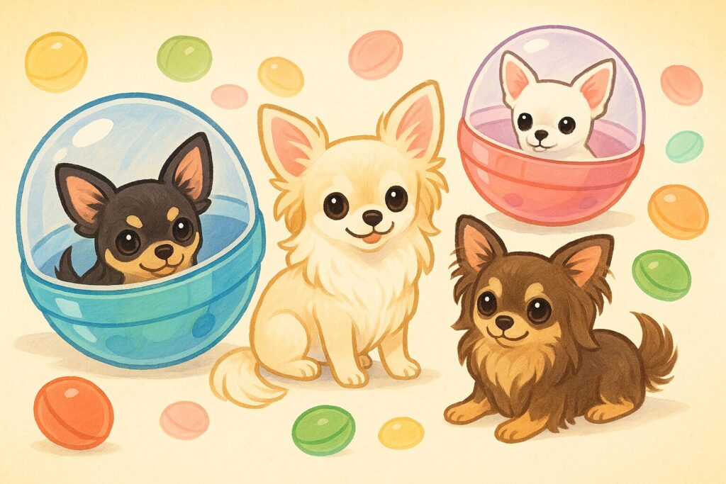カプセル玩具の中にチワワが覗くイラスト。可愛いチワワたちが色とりどりのガチャカプセルに入っている構図