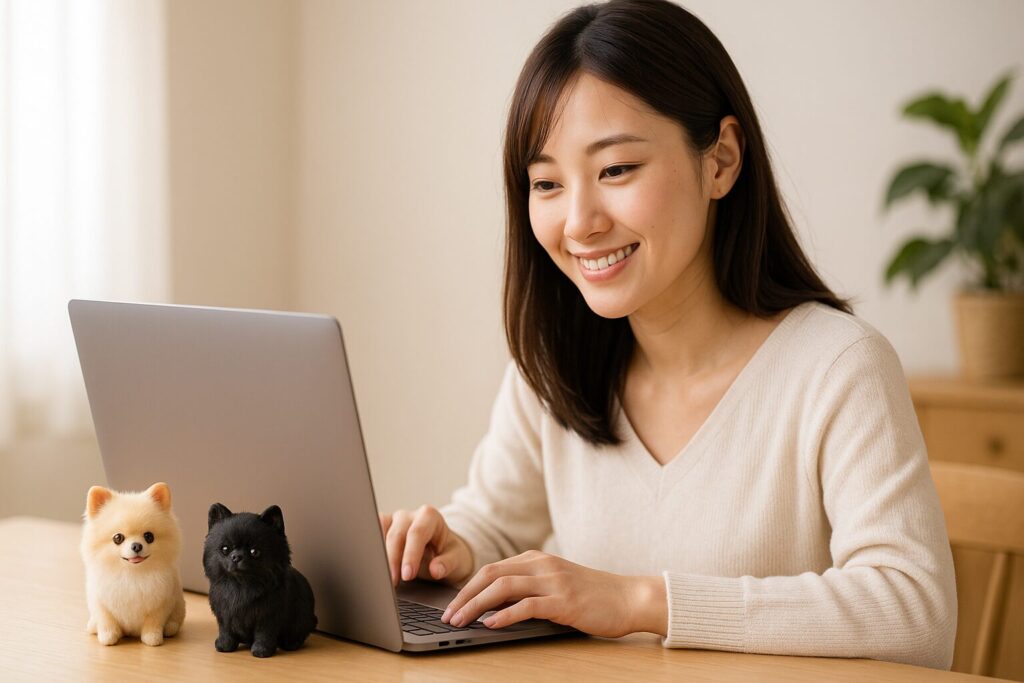 ノートパソコンで通販サイトのフィギュアを見ている日本人女性と、机の上に並んだ白と黒のポメラニアンフィギュアの写真。初心者がどこで買えばいいかをイメージしたシーン。