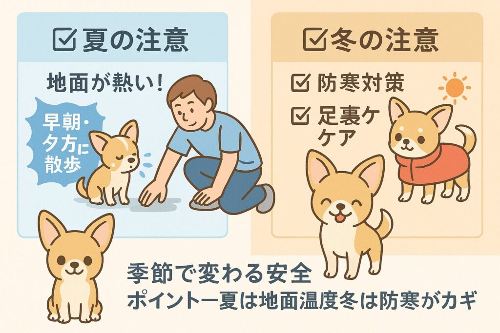 夏と冬それぞれの散歩注意点をまとめたチワワのイラスト