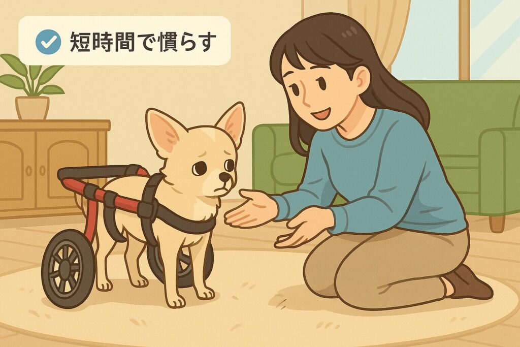 四輪車椅子に戸惑うチワワと飼い主が室内で練習しているイラスト