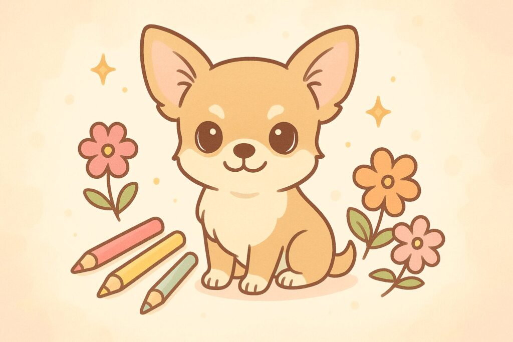 色鉛筆と花に囲まれて微笑むチワワの可愛いイラスト