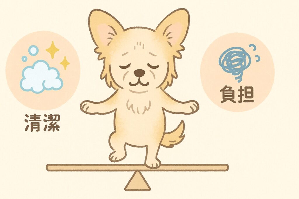 清潔と負担のバランスを天秤で取る老犬チワワの可愛いイラスト。