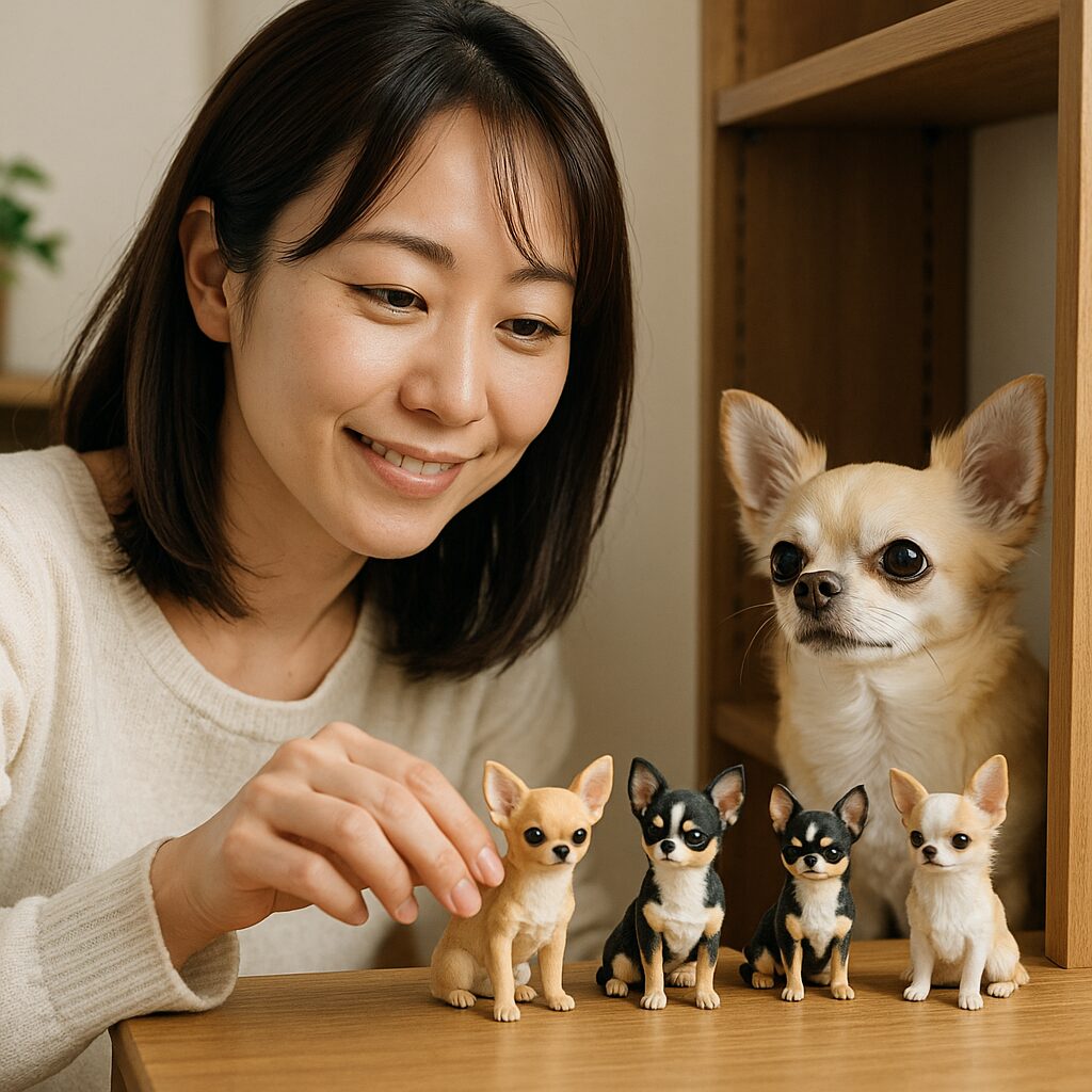 棚に並んだチワワフィギュアと本物のチワワ、日本人女性が優しく飾っている実写風画像。