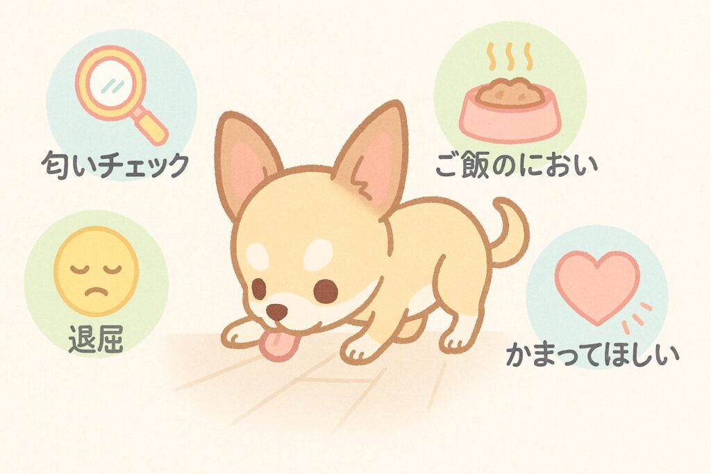 チワワが床を舐め、その周囲に匂いチェック・ご飯のにおい・退屈・かまってほしいを示すアイコンが描かれたイラスト。