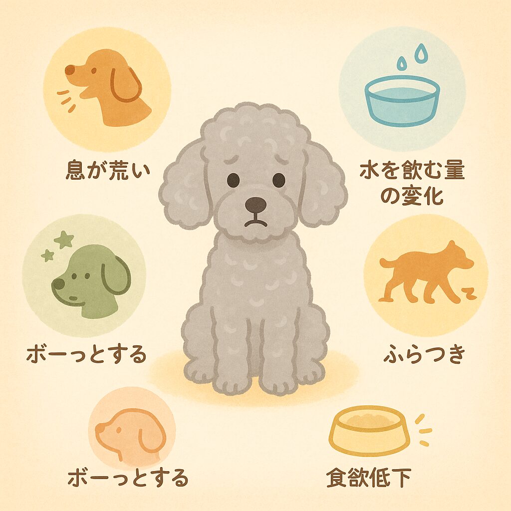 シニア犬が時計を見上げ、留守番時間の目安を示すアイコンが描かれたイラスト