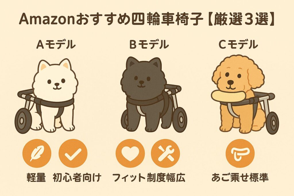 軽量モデル・調整幅モデル・あご乗せ標準モデルの3つを犬と共に比較したイラスト