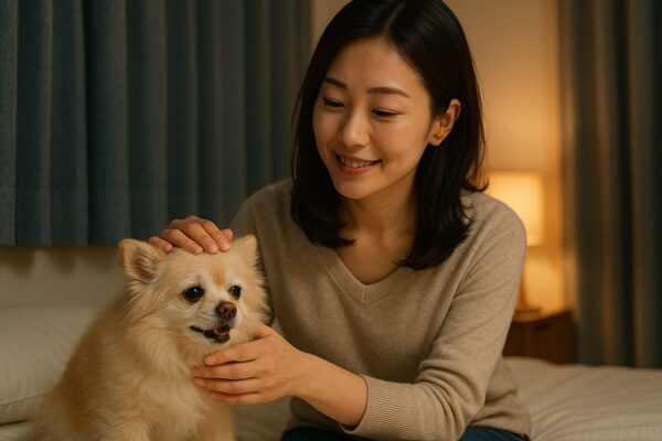 夜泣きする白いシニアポメラニアンを、寝室で優しくなでる日本人女性と防音カーテンの雰囲気