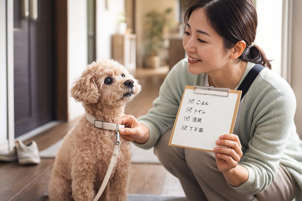 老犬の留守番前に確認したい、排泄・環境・おむつ・水分などのチェックリストを描いたイラスト