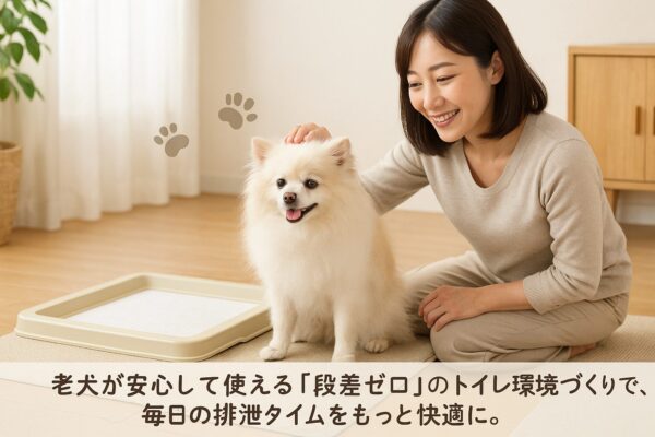 段差のないフラットトイレトレーの前で、日本人女性と白ポメラニアンの老犬が安心している様子の写真