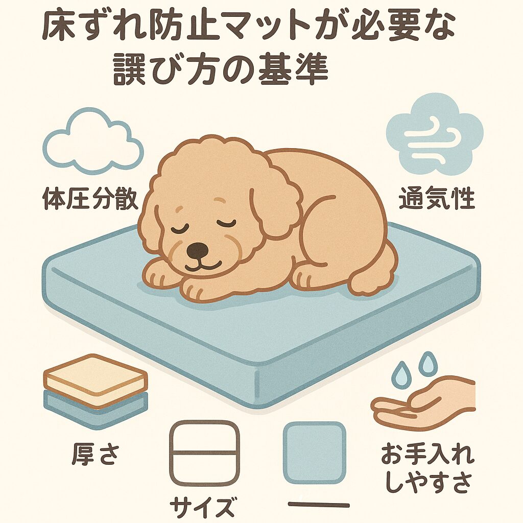 床ずれ防止マットの選び方のポイントを示したアプリコットプードルのイラスト