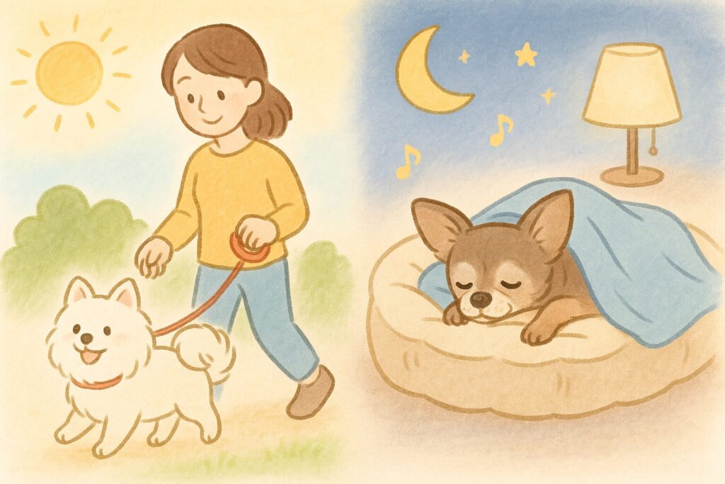 昼間に散歩や遊びをするシニア犬と、夜に飼い主の服とやわらかいベッドで眠るシニア犬を並べて描いたイラスト