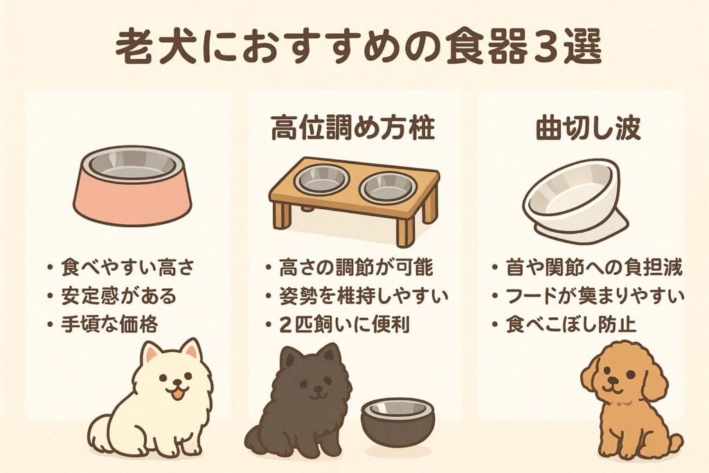 高さ調整できるスタンド型、傾斜付きボウル、滑り止め付きテーブルでごはんを食べる老犬たちのイラスト