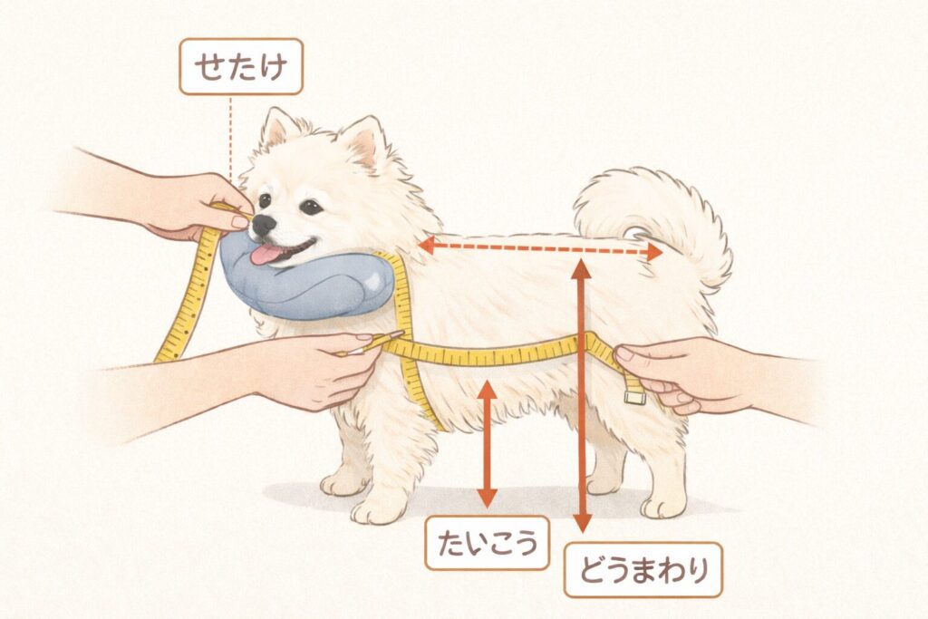 犬の体をメジャーで測っている採寸イメージ
