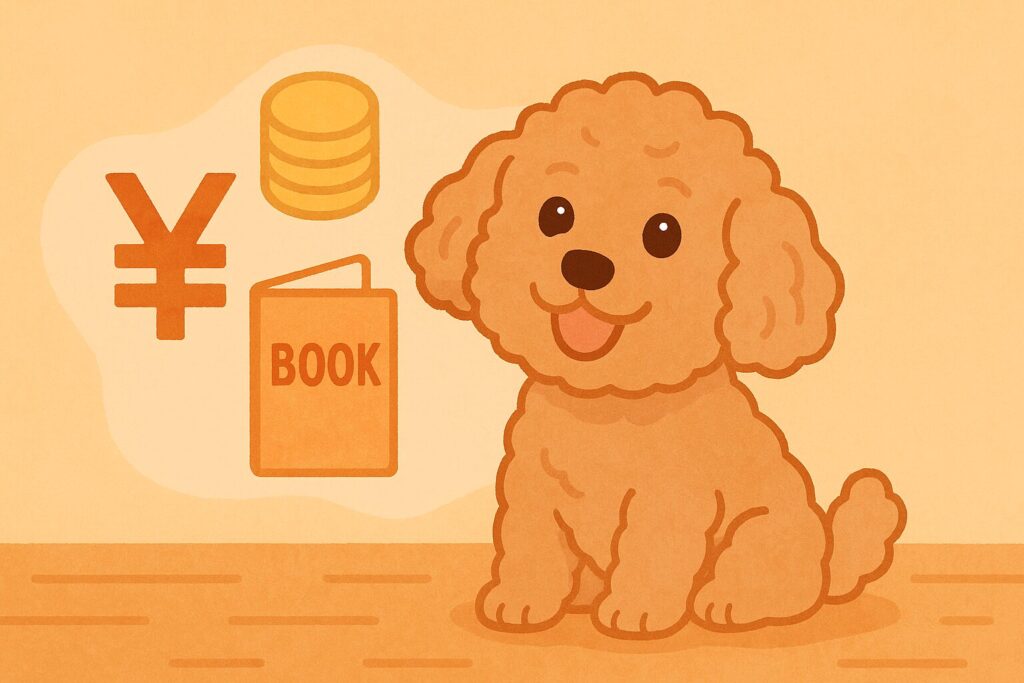 アプリコットプードルが本とコインを見上げている可愛い構図のイラスト