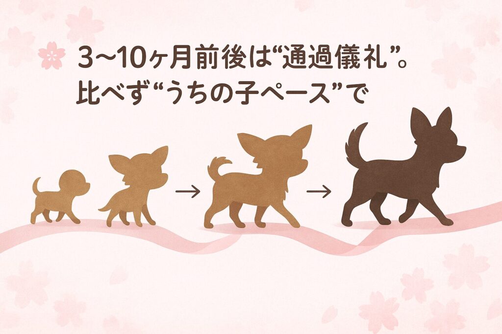 成長タイムラインを一本の春色リボンで表現し、子犬→ブサイク期→成犬へ歩むチワワのシルエット。優しい桜色のまとめイラスト