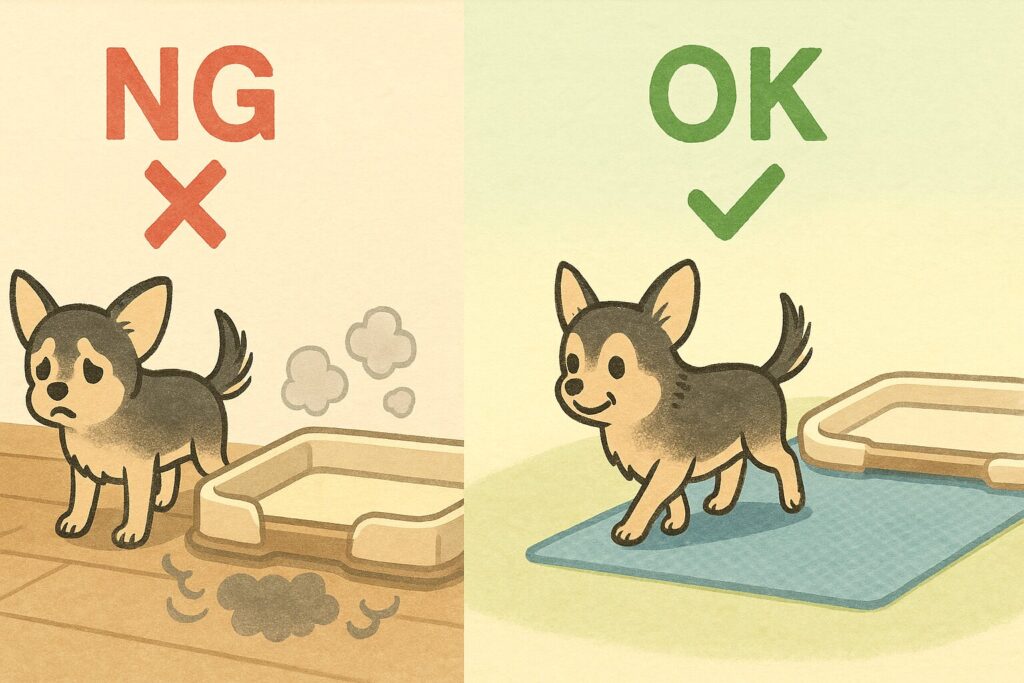 老犬のトイレ環境のNG例とOK例を比較した、チワワの老犬とトイレトレーのイラスト