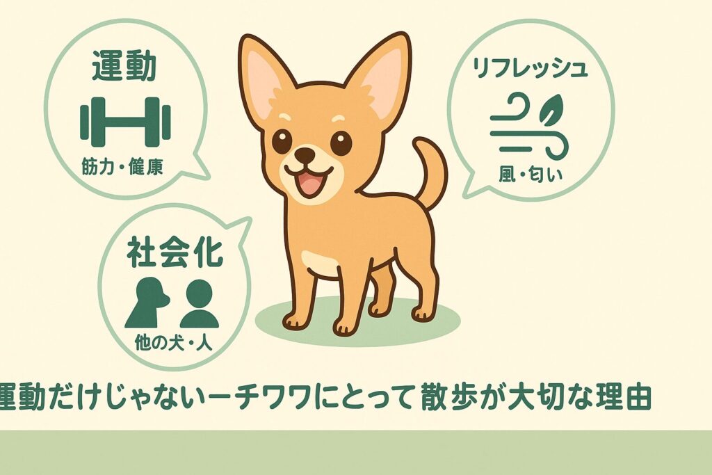 チワワの散歩目的を3要素で示したイラスト図解