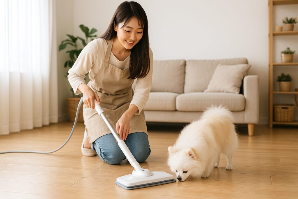 スチームモップで床を掃除する女性のそばで、白ポメラニアンが床の匂いを嗅いでいる様子の写真。