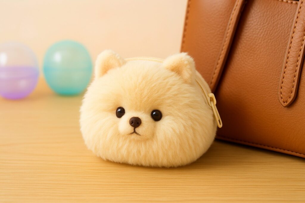 バッグの横に置かれたポメラニアンもち もふもふポーチ。明るい木のテーブルの上で、ふわふわした質感の丸いポーチが柔らかく光を受けている。