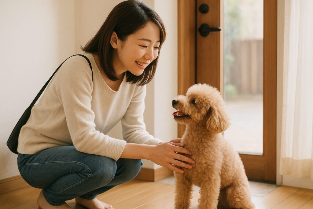 外出前、アプリコットプードルに優しく寄り添う日本人女性の写真