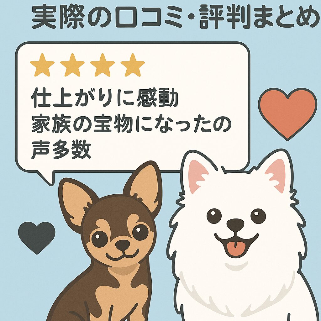 星評価やハートアイコンと、チワワ・白ポメが並ぶ口コミイラスト