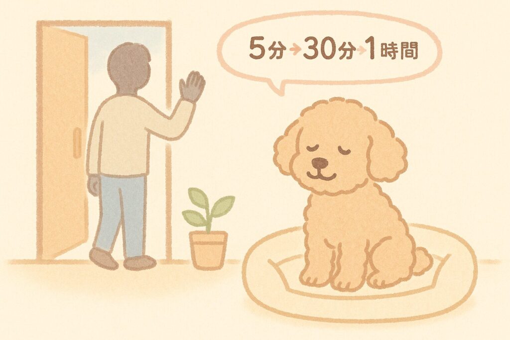 飼い主が玄関で外出し、シニア犬がベッドで落ち着いて待つ練習風景のイラスト