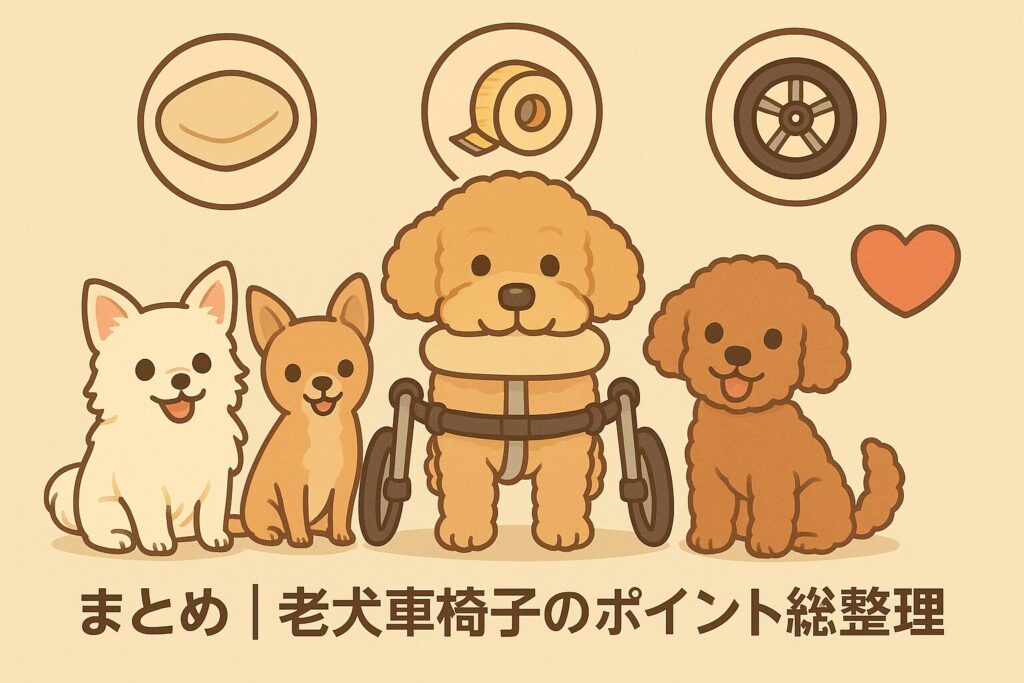 四輪車椅子の犬と小型犬たちが並び、重要ポイントを示すまとめイラスト