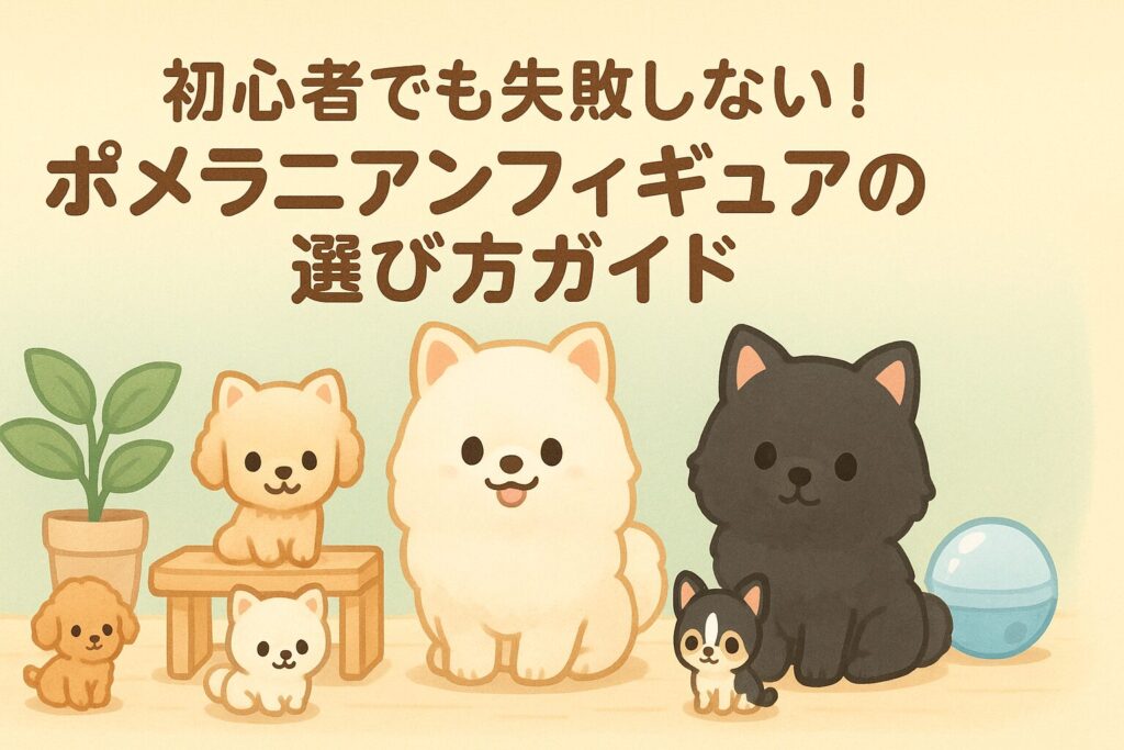 ポメラニアンとトイプードル、チワワの可愛いフィギュアが並んだイラストのアイキャッチ画像。初心者向けポメラニアンフィギュア完全ガイドをイメージしたデザイン。