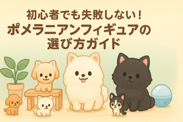 ポメラニアンとトイプードル、チワワの可愛いフィギュアが並んだイラストのアイキャッチ画像。初心者向けポメラニアンフィギュア完全ガイドをイメージしたデザイン。
