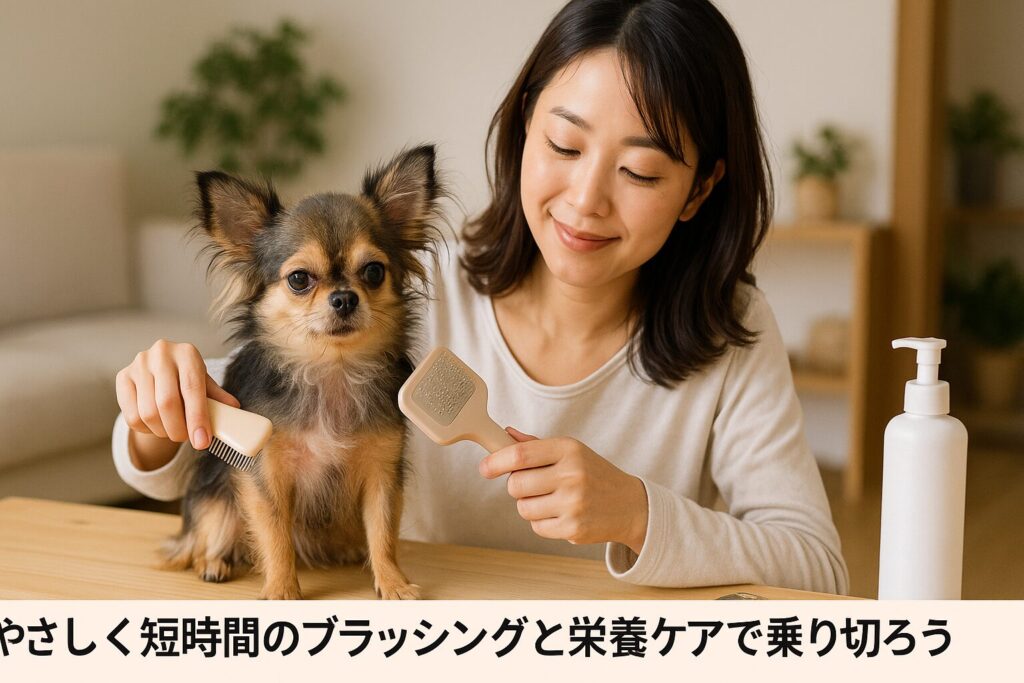 清潔感のある日本人女性がロングコートのチワワをテーブルでやさしくブラッシング。ナチュラルなリビング、低刺激シャンプーやコームが背景に。