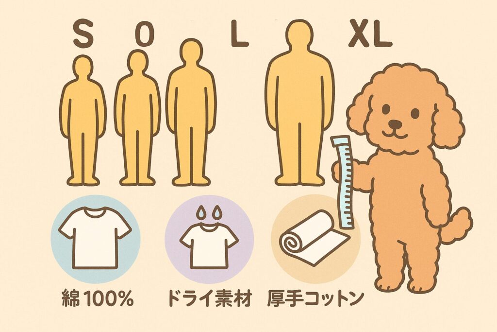 TシャツのS・M・L・XLのサイズシルエットと、綿100%・ドライ素材・厚手コットンを説明するアイコン、メジャーを持ったアプリコットプードルが描かれたイラスト。
