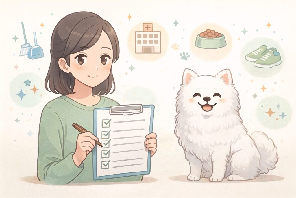 女性がチェックリストを手にし、そばで白ポメラニアンが穏やかに座っているまとめイラスト。