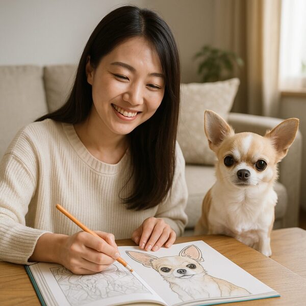 自然光のリビングで、チワワと微笑む日本人女性が塗り絵を楽しむ様子