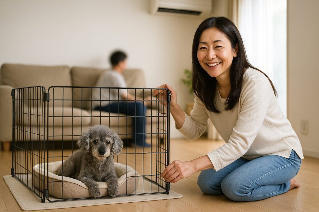 リビングで日本人女性がメッシュサークルの位置を調整し、中ではシルバートイプードルの老犬がベッドでくつろいでいる実写風の画像