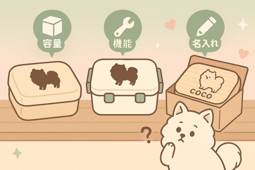 3種類のポメラニアン弁当箱と容量や機能の違いを示した比較イラスト