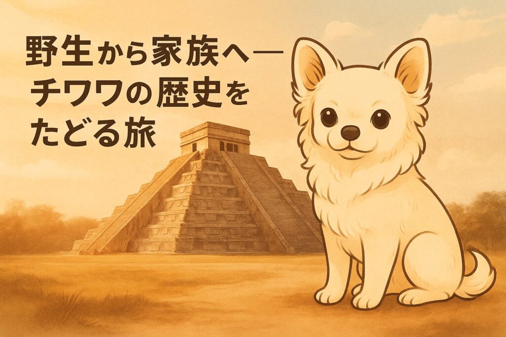 メキシコの遺跡を背景に、小さなチワワがたたずむ。古代と現代が融合した優しいイラスト