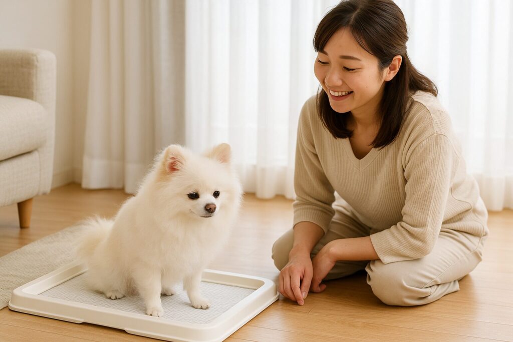 　白ポメラニアンが段差のないトイレで安心して排泄する様子を、笑顔の日本人女性が見守っている写真。