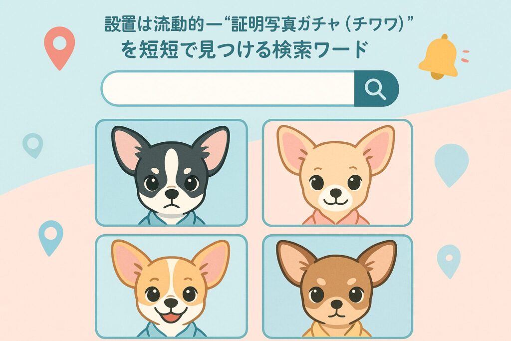 証明写真風にチワワの顔写真が4枚並ぶイラスト。検索窓・通知ベル・地図ピンが添えられたデザイン