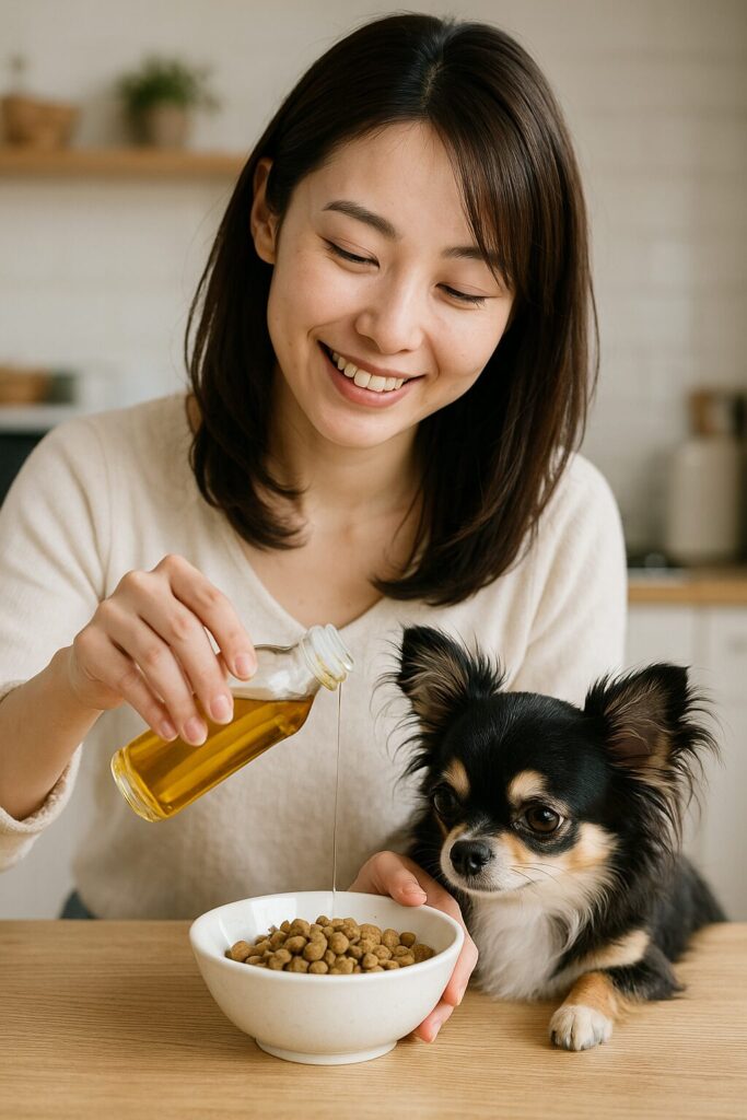 自然な笑顔の日本人女性がチワワのドッグフードにごま油を少量たらしている実写風写真