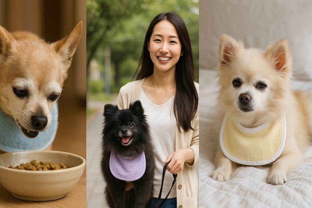 チワワの食事、黒ポメラニアンとの散歩、白ポメラニアンの介護シーンをまとめた実写風コラージュ写真。