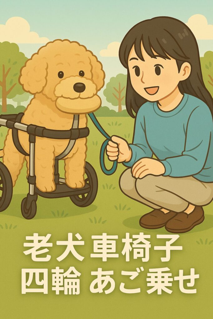四輪車椅子に乗ったアプリコットプードルを日本人女性が見守るイラスト