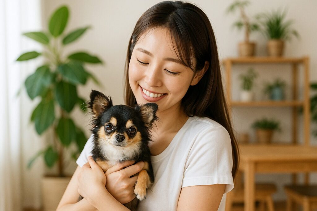 ナチュラルな室内でチワワを優しく抱く清潔感のある日本人女性の写真。