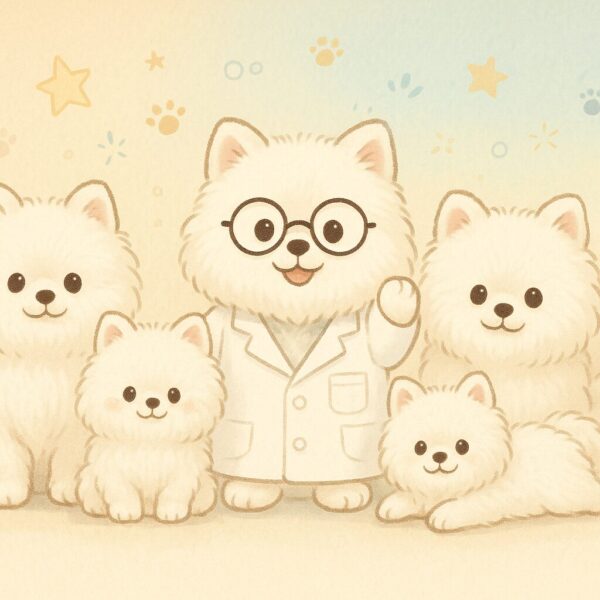 白衣姿の研究員シエロと白いポメラニアンぬいぐるみたちが並ぶ可愛いアイキャッチイラスト。