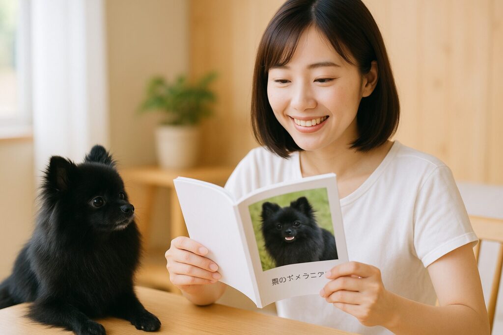 日本人女性が黒ポメラニアンの写真集を見て微笑む自然光の室内シーン